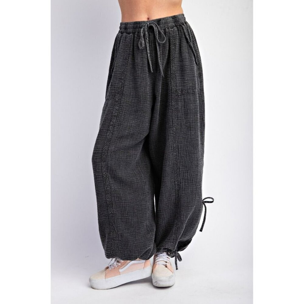 Mila Lace Detail Mineral Washed Pants in Black